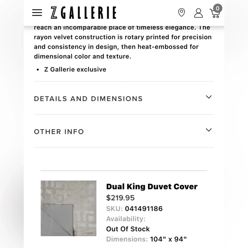 Z Gallerie king duvet + 2 king shams pattern per regular pictures.